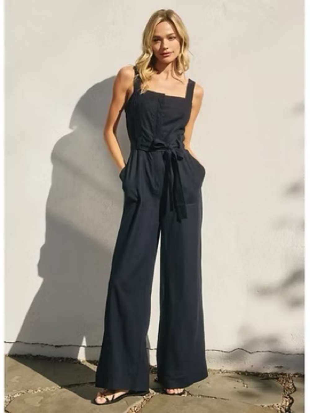 Wide-Leg Black Jumpsuit with Tie Waist